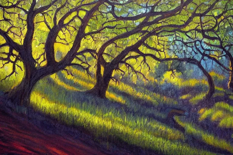 Image similar to masterpiece painting of oak trees on a hillside overlooking a creek, dramatic lighting, by alayna danner