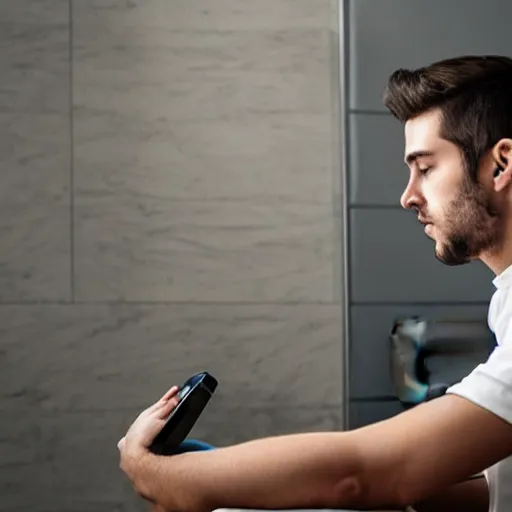 Prompt: dream an attractive young man sitting on top of the toilet scrolling tiktok on his iphone, distant thoughtful look