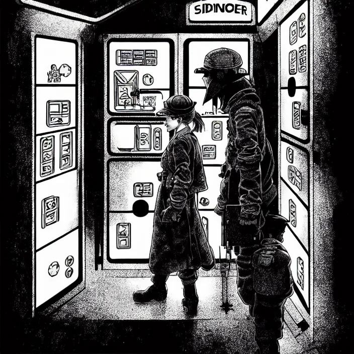 Image similar to sadie sink as a miner inside a minimalist steampunk automated kiosk booth considers food options to choose from. small room. wide angle lens. black and white, pencil and ink. scifi cyberpunk. by gabriel hardman, joe alves, chris bonura. cinematic atmosphere, detailed and intricate, perfect anatomy