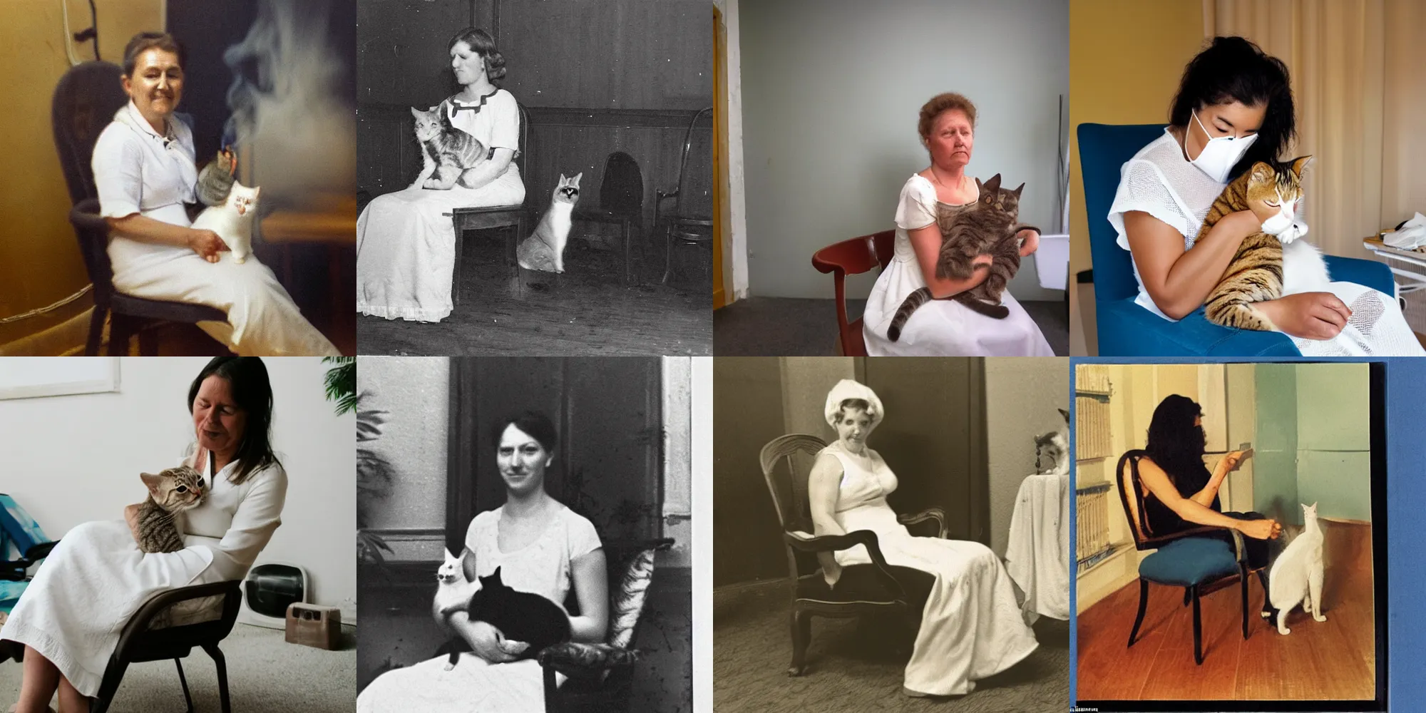 Prompt: a woman in a white dress sitting on chair with a cat on her lap in a burning room in vanice