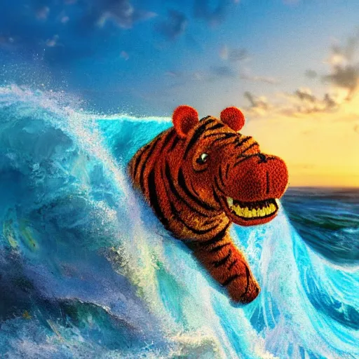 Image similar to a closeup photorealistic photograph of a cute smiling knitted tiger hippopotamus riding an epic wave at sunset. surf in the background. professional capture. brightly lit scene. this 4 k hd image is trending on artstation, featured on behance, well - rendered, extra crisp, features intricate detail, epic composition and the style of unreal engine.