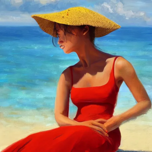 Image similar to beautiful oil matte portrait painting, young woman with red dress and mustard yellow summer hat at a beach on a sunny day, wonderful masterpiece highly detailed, beautiful cinematic light deep focus, elegant, digital painting, smooth, sharp focus, golden ratio, dramatic illumination, ultra realistic, 8 k, art by jenny saville