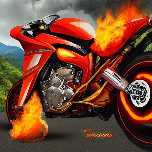 Prompt: new aesthetic and fast motorcycle. Flaming roads. photo realistic. high details. race. hyper realistic. oil painting