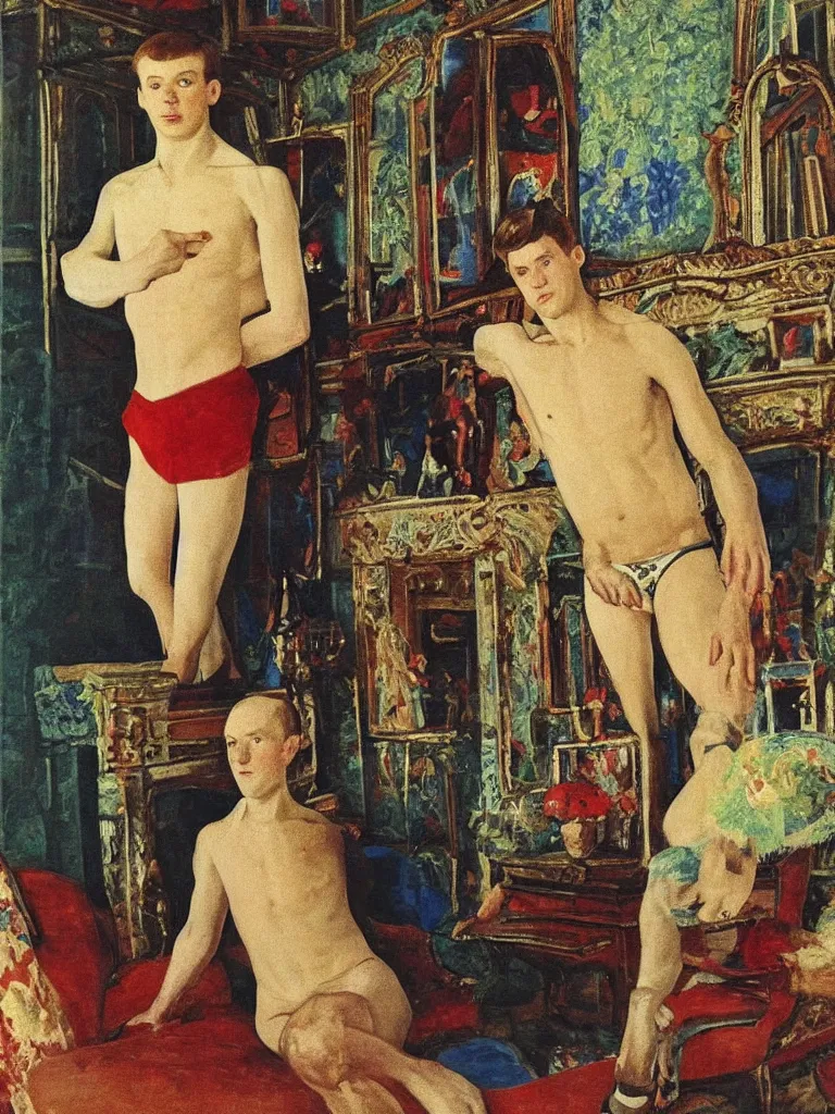 Image similar to olympic russian athlete young man posing in his living room, his grandparents are sitting on the coach behind him, by Konstantin Somov, 1987.