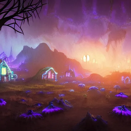 Image similar to concept art painting of a fantasy alien nighttime landscape of houses made of fungus, with glowing blue lights, glowing mushrooms, dark purple sky, realistic, detailed, cel shaded, in the style of makoto shinkai and greg rutkowski and albert bierstadt and james gurney