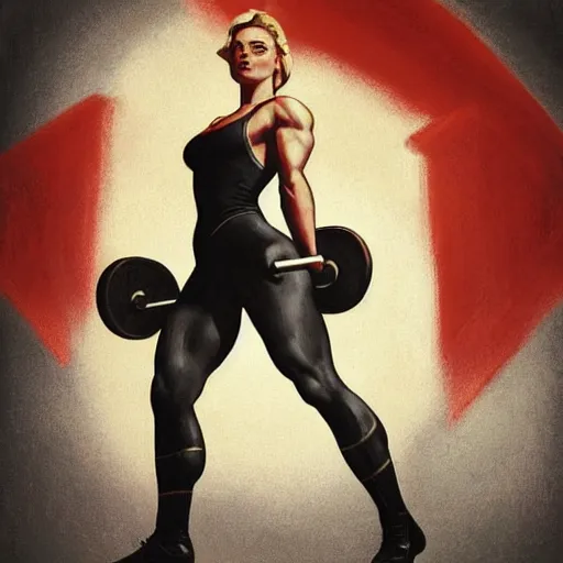 Image similar to socialist realism propaganda poster of margot robbie as beautiful female very muscular weightlifter from overwatch, portrait, profile picture, socialist realism, highly detailed, intricate, digital painting, artstation, sharp focus, illustration, art by jakub rozalski, greg rutkowski, artgerm, tan zi and ayanamikodon and alphonse mucha and wlop