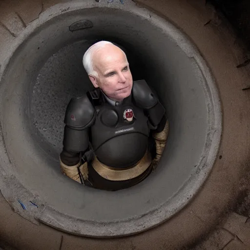 Image similar to cinematic shot of john mccain wearing futuristic armor in a sewer, very detailed, very intricate,