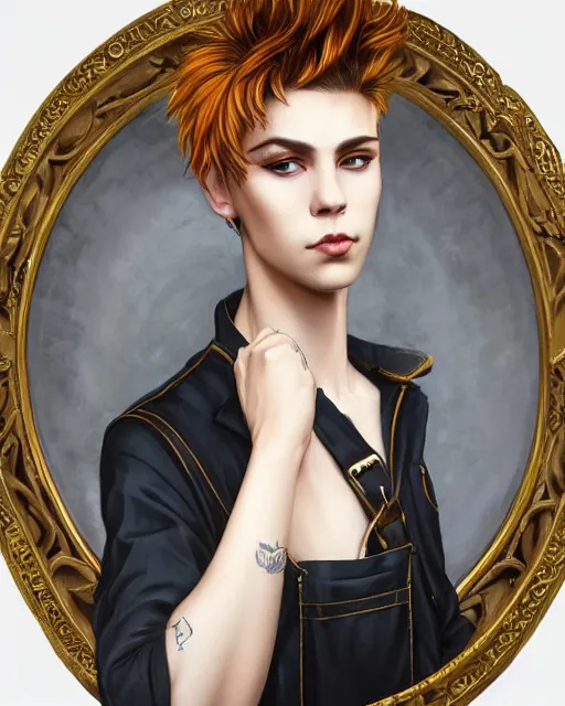 Prompt: a portrait of a beautiful androgynous punk girl with short hair and beautiful eyes, beautiful face, wearing tall combat boots, who is a mechanic wearing overalls carrying a bag, digital concept art, detailed digital painting, ornate decorative background, by j. c. leyendecker and edward blair leighton and charlie bowater, trending on artstation