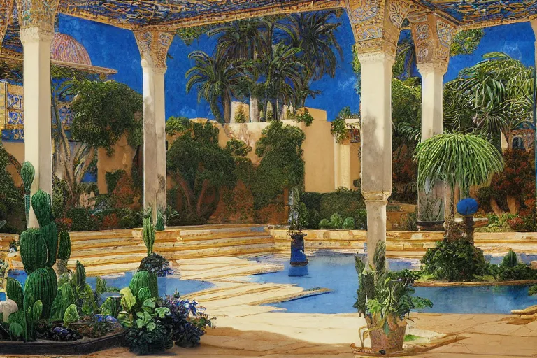 Image similar to painting of a beautiful moorish palace courtyard garden, by jan schmuckal and maxfield parrish and evelyn de morgan and waterhouse and dante rossetti, patterned tilework, palm trees, tiled fountains, sun and shade, extremely detailed, dramatic cinematic lighting, smooth sharp focus, featured on artstation