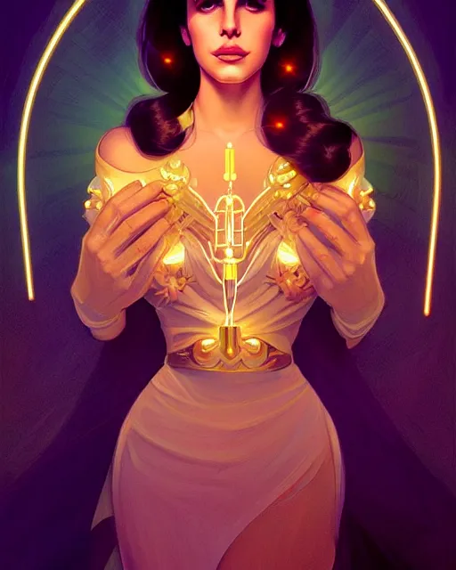 Image similar to symmetry portrait of lana del rey, glam, deco, glowing lights intricate, elegant, highly detailed, digital painting, artstation, concept art, smooth, sharp focus, illustration, art by artgerm and greg rutkowski and fra angelico and alphonse mucha