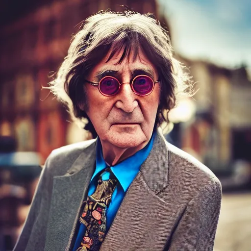 Prompt: old john lennon singer at age 9 0 years old, color ( sony a 7 r iv, symmetric balance, polarizing filter, photolab, lightroom, 4 k, dolby vision, photography award ), vogue, perfect face