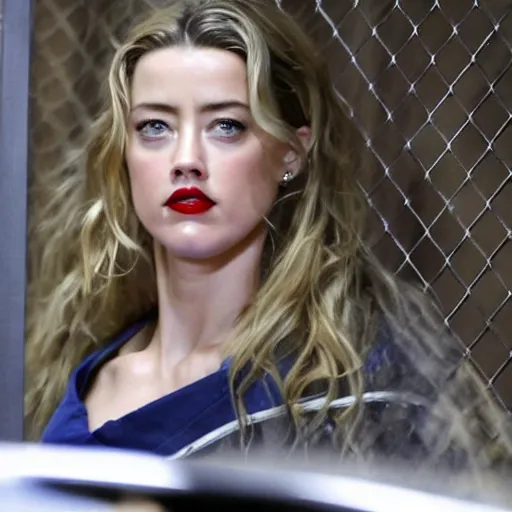 Image similar to amber heard behind bars locked in a jail cell with a frown on her face and wearing a prisoner uniform