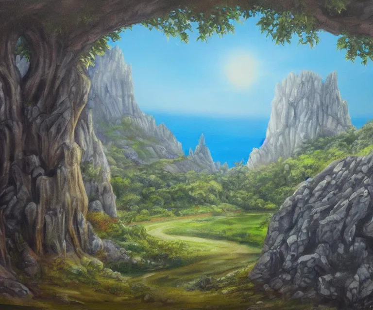 Image similar to medieval fantasy artwork. woodland with cliffs in the background. on top of the cliffs is a castle made of pure blue light. oil on canvas.