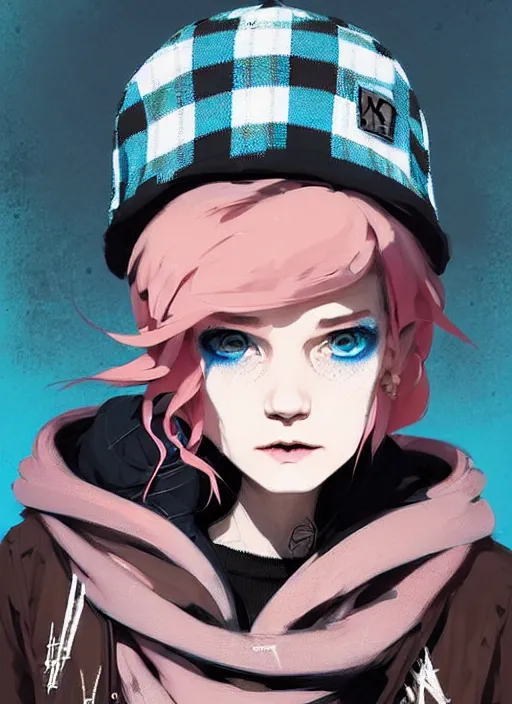 Prompt: highly detailed portrait of a sewer punk lady student, blue eyes, tartan hoody, hat, white hair by atey ghailan, by greg rutkowski, by greg tocchini, by james gilleard, by joe fenton, by kaethe butcher, gradient pink, black, brown and light blue color scheme, grunge aesthetic!!! ( ( graffiti tag wall background ) )
