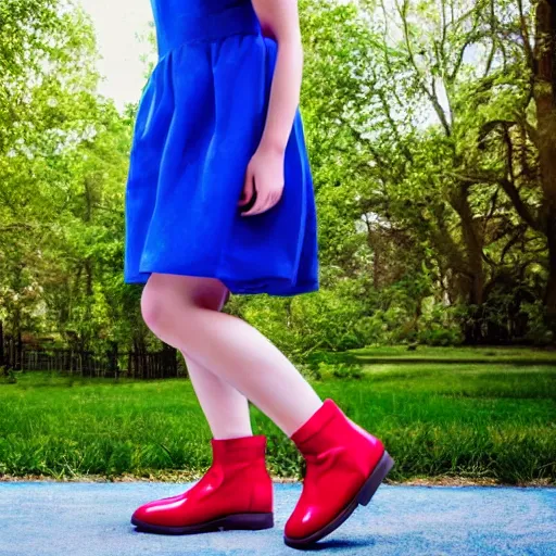 Prompt: a beautiful young woman in a blue elmer dress + sparkling ruby shoes on her feet + sense of wonder