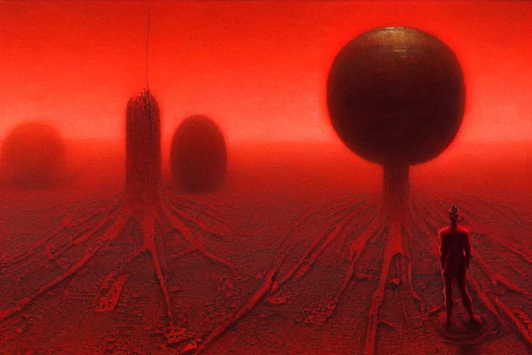 Image similar to only with red, red god of death eat apple, a futuristic city on mars in the background, red worms on the floor, in the style of beksinski, part by hopper, part by rodcenko, part by hofbauer, intricate composition, red by caravaggio, insanely quality, highly detailed, masterpiece, red light, artstation, 8 k