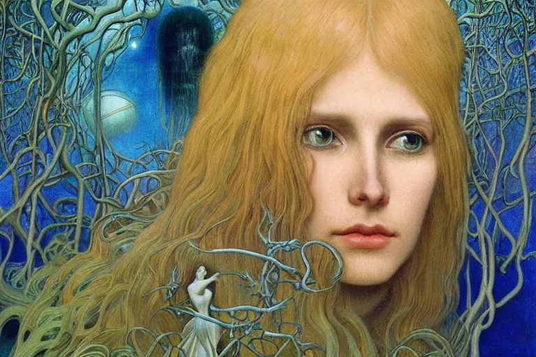 Image similar to realistic detailed portrait painting of a beautiful ghost woman with blond hair with an alien, futuristic sci-fi forest on background by Jean Delville, Amano, Yves Tanguy, Alphonse Mucha, Edward Robert Hughes, Roger Dean, rich moody colours, blue eyes