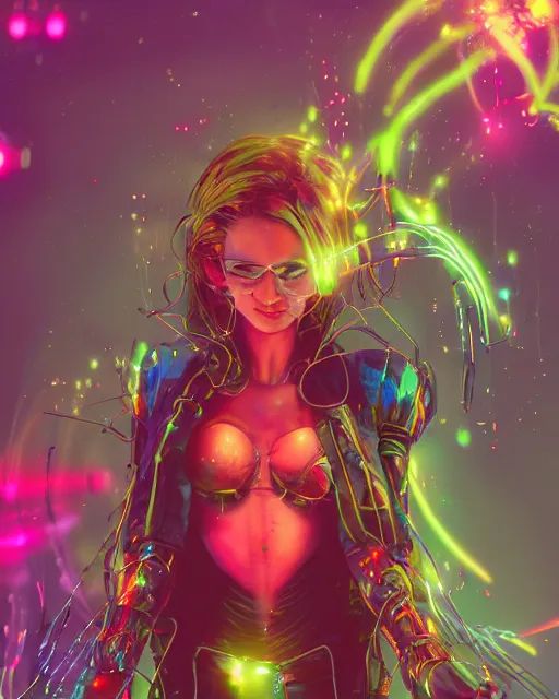 Image similar to a cyberpunk close up portrait of enchanting cyborg poison ivy, electricity, rainbow, sparks, bokeh, soft focus, sparkling, glisten, water drops, cold, dark, geometric, temples behind her, by paul lehr, jesper ejsing