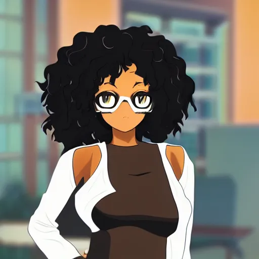 Image similar to A brown skinned woman with curly black hair as an anime character