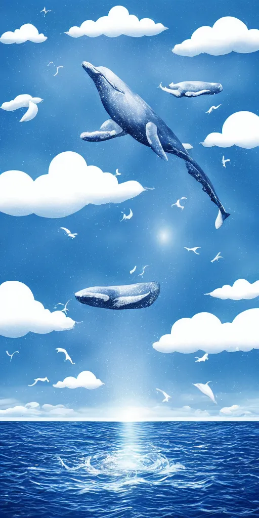 Image similar to realistic ocean in the sky, whale, clouds, moon, water