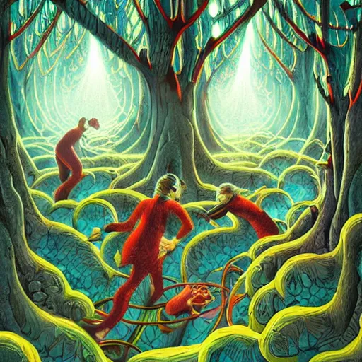 Image similar to dmt-machine-elves by artist-Nathan-Spoor, crawling across the circus floor, climbing up the winding trees