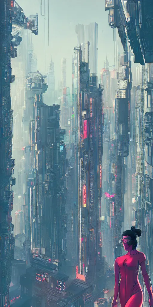 Image similar to cyberpunk girl on a roof, looking up at cityscape of vertical cyberpunk city with high towers, shanghai, by Alena Aenami and blade runner and akira, trending on Artstation,