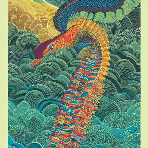 Image similar to illustration of quetzalcoatl, in colors # 1 1 3 4 a 6, # 7 3 c 2 fb, # 6 6 9 3 fs, # 9 8 fb 9 8, # 0 1 7 9 6 f, by studio multi and victo ngai, malika favre