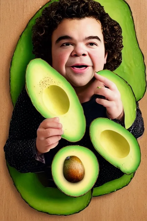 Image similar to 📷 gaten matarazzo face on avocado 🥑, made of food, head portrait, dynamic lighting, 4 k