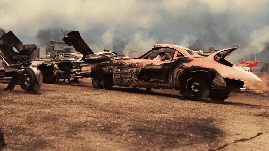 Image similar to film still from the movie death race three thousand, cult cinema, pulp cinema, vintage, nineteen seventies, saturated color, cinematic lighting, cinematic composition, ultra realistic, highly detailed, wide screen, panavision