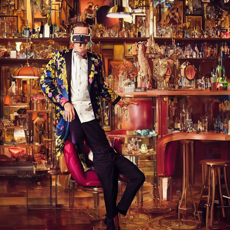 Prompt: vogue photoshoot octane render portrait by wayne barlow and carlo crivelli and glenn fabry, a handsome eccentric man in a bright colorful pastel wes anderson uniform inside and a black robber mask inside a high - end exotic vintage boutique hotel bar, very short depth of field, bokeh