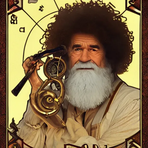 Image similar to an ultra detailed tarot card of bob ross smoking a pipe and dressed as a fantasy bard, d & d, epic fantasy, concept art by alphonse mucha and greg rutkowski, octane render, 8 k, detailed face