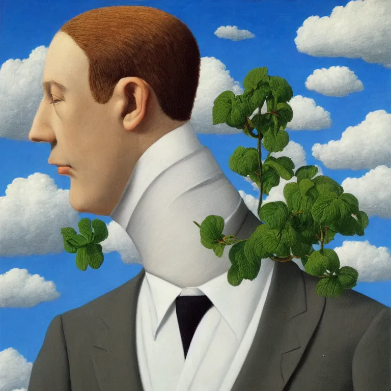 Image similar to portrait of a faceless beautiful flower - head man in a suit, clouds in the background, by rene magritte, detailed painting, distance, middle centered, hd, hq, high resolution, high detail, 4 k, 8 k