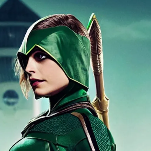 Image similar to film still of willa holland as an attractive female green arrow in the 2 0 1 7 film justice league, bleach blonde hair, focus on facial details, minimal bodycon feminine costume, dramatic cinematic lighting, inspirational tone, suspenseful tone, promotional art