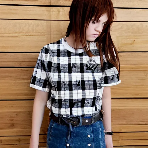 Prompt: female model teenage emo photography plaid skirt band shirt