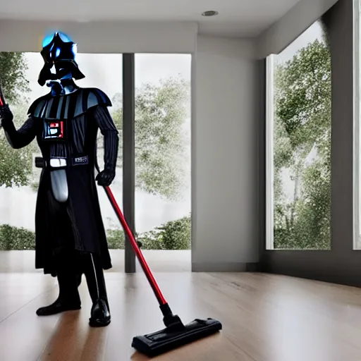 Image similar to Darth Vader vacuuming the house, photo realistic, award-winning, highly-detailed