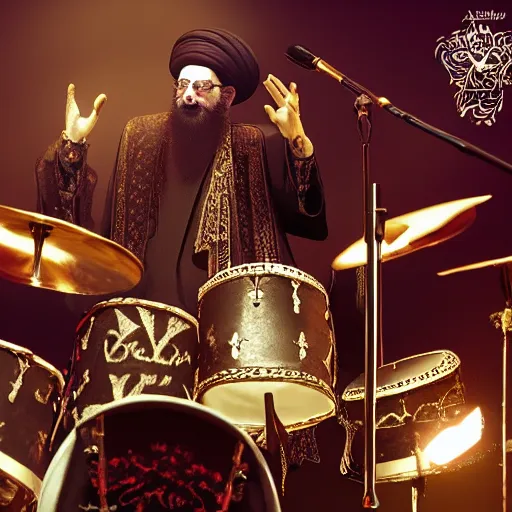 Image similar to khamenei playing drums in heavy metal band in hell, high definition, trending on artstation, unreal engine, photorealistic, high resolution,, trending on deviantart, hdr, hyper detailed, insane details, intricate, elite, ornate, elegant, luxury, dramatic lighting