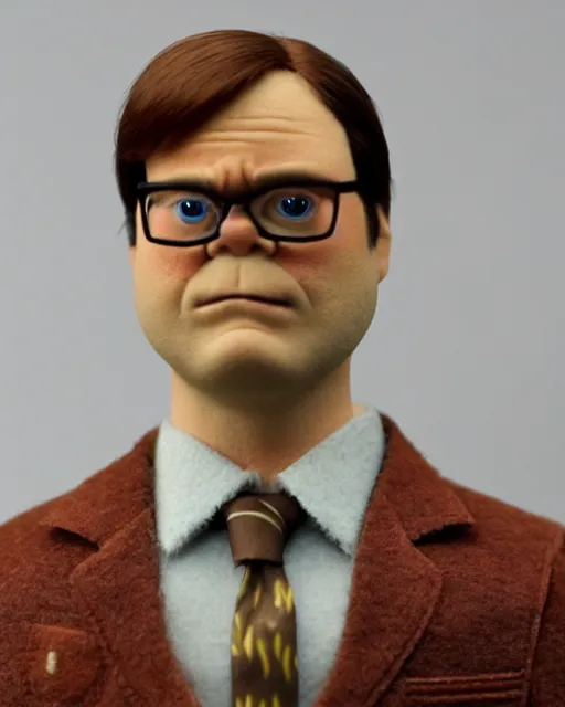 Prompt: a still if dwight schrute with brown suit as a muppet in the office. highly detailed felt. hyper real photo. 4 k.