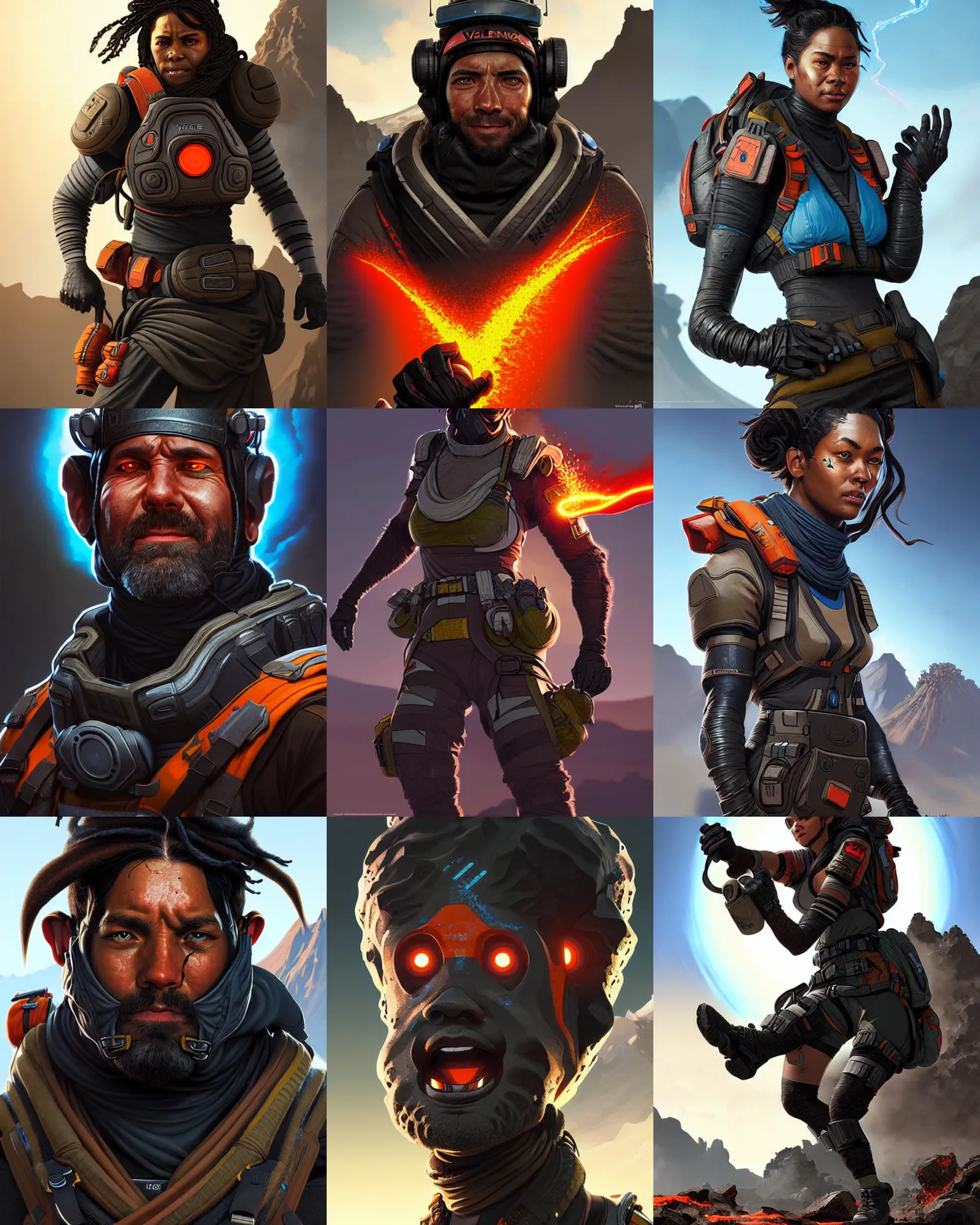 Prompt: volcanic rock as an apex legends character digital illustration portrait design by, mark brooks and brad kunkle detailed, gorgeous lighting, wide angle action dynamic portrait