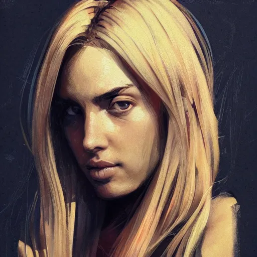 Prompt: Realistic painting of Ana de Armas with a blond hair, profile picture by Greg Rutkowski, asymmetrical, Organic Painting , Matte Painting, geometric shapes, hard edges, street art, trending on the artstation:2 by Sachin Teng:4, blur: -4