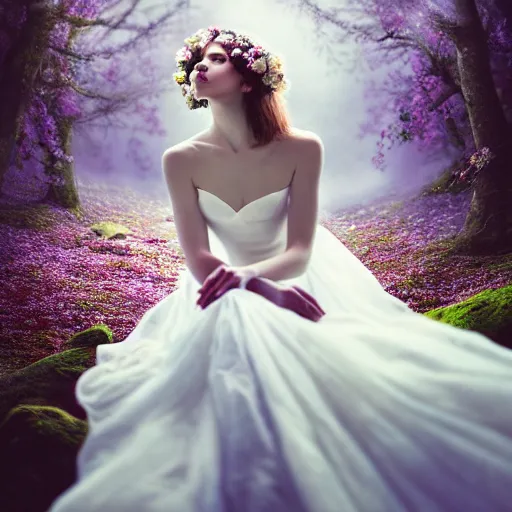 Prompt: a picture of a beautiful woman in a white organza dress and covered in flowers and leaves sitting overlooking an enchanted forest, high fantasy, elegant, epic, detailed, intricate, digital painting, concept art, realistic detailed face, smooth, focus, rim light, detailed 8 5 mm f / 1. 4, anamorphic lens,