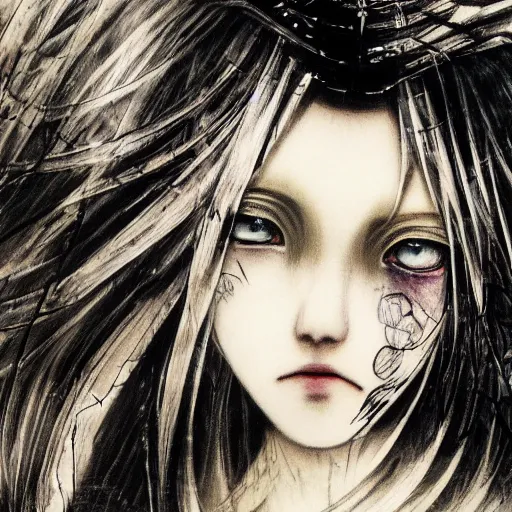 Image similar to yoshitaka amano blurred and dreamy realistic illustration of an anime girl with black eyes, wavy white hair fluttering in the wind and cracks on her face wearing elden ring armor with engraving, abstract black and white patterns in the background, noisy film grain effect, highly detailed, renaissance oil painting, weird portrait angle, three quarter view, head turned to the side