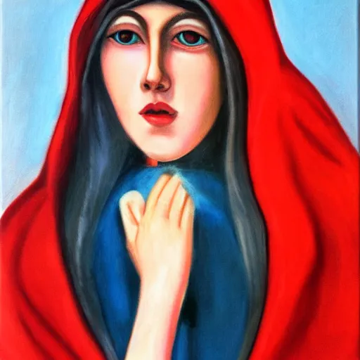 Image similar to margaret keane oil on canvas, little red riding hood, full body portrait