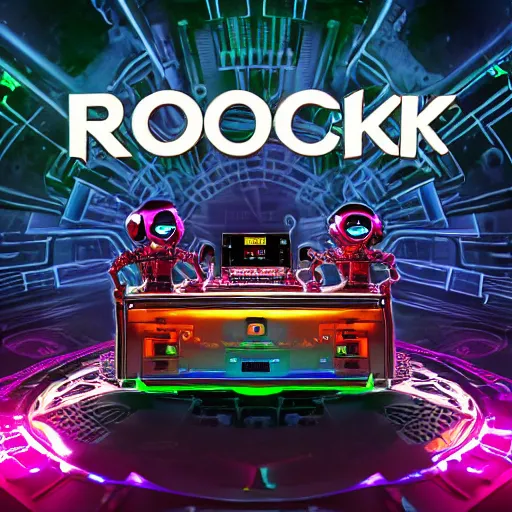 Image similar to album art, the band name is roborock, energetic trance music, band with 3 steampunk robots on a dj desk with a cd mixer, 8 k, flourescent colors, halluzinogenic, multicolored, exaggerated detailed, front shot, 3 d render, octane