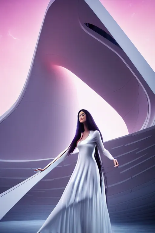 Prompt: a futuristic scene with an long pink haired beautiful thin woman in a white flowing futuristic dress, in front of a zaha hadid building, cinematic matte painting, extreme detail photo quality, dark moody colors, featured on behance