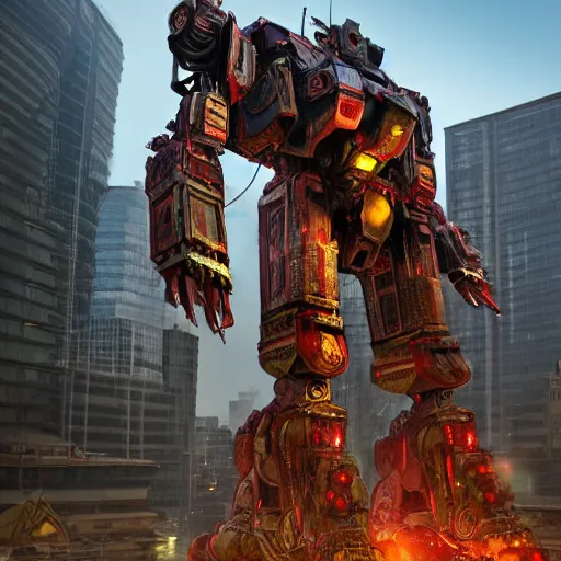 Image similar to a beautiful hyperrealistic ultradetailed 3D render of a gigantic javanese mecha standing in a city in China, by brian sum and stephen martiniere and Antonio Manzanedo. mech, dragon, unreal engine, octane render, PBR, 3D, brilliantly colored, intricate, wide angle, volumetric lighting, polished, path tracing