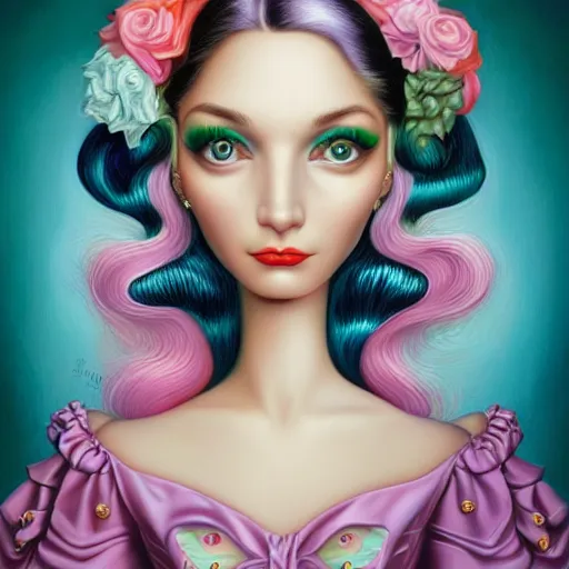 Prompt: a portrait of a pretty woman by mark ryden and lisa frank insane quality, elegant, highly detailed, digital painting, artstation, concept art, pop, smooth, sharp focus, illustration and 3 d, pop, expressionism 8 k ultra detailed