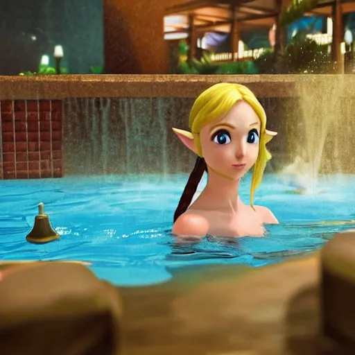 Prompt: zelda in the future city taking a bath in the swimming pool of a hotel