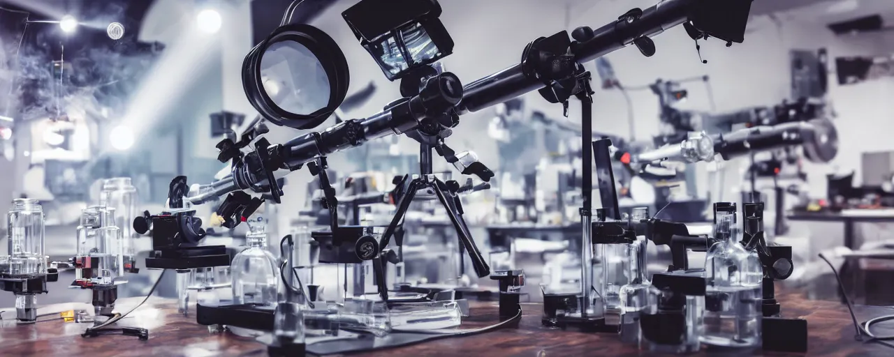 Prompt: optical instruments mounted on a large table, extremely detailed closeup, devices diffracting lasers, few colors, scientific laboratory experiments, photoreal, new equipment, analog nikon photo, smoke in the background, dust particles in the air