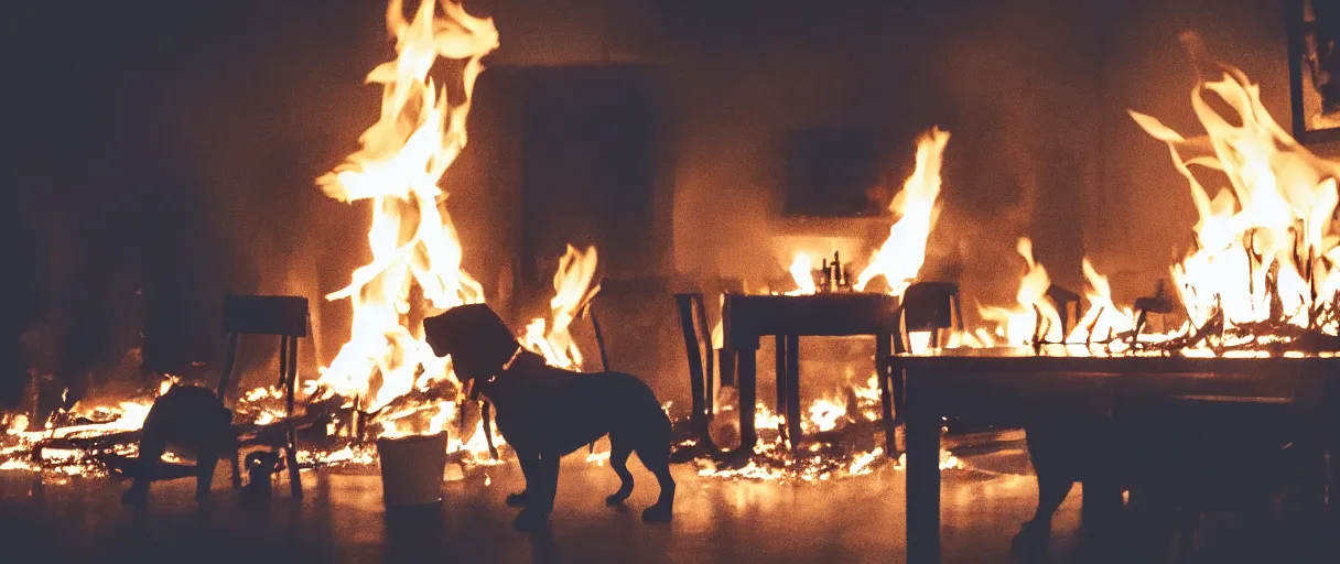 Image similar to a studio photograph (flash on) of a big fire on a dining room on fire, an human-like relaxed dog sitting on a wooden chair at a table (no fire at all there), lights on, ☕ on the table, surrounded by flames, a lot of flames behind the dog, black smoke instead of the ceiling, no watermark