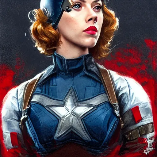 Image similar to a still of captain america played by by scarlett johansson wearing dieselpunk outfit, face portrait, hd shot, digital portrait, elegant, beautiful, fantasy art, artstation, comic style, by artgerm, guy denning, jakub rozalski, magali villeneuve and charlie bowater